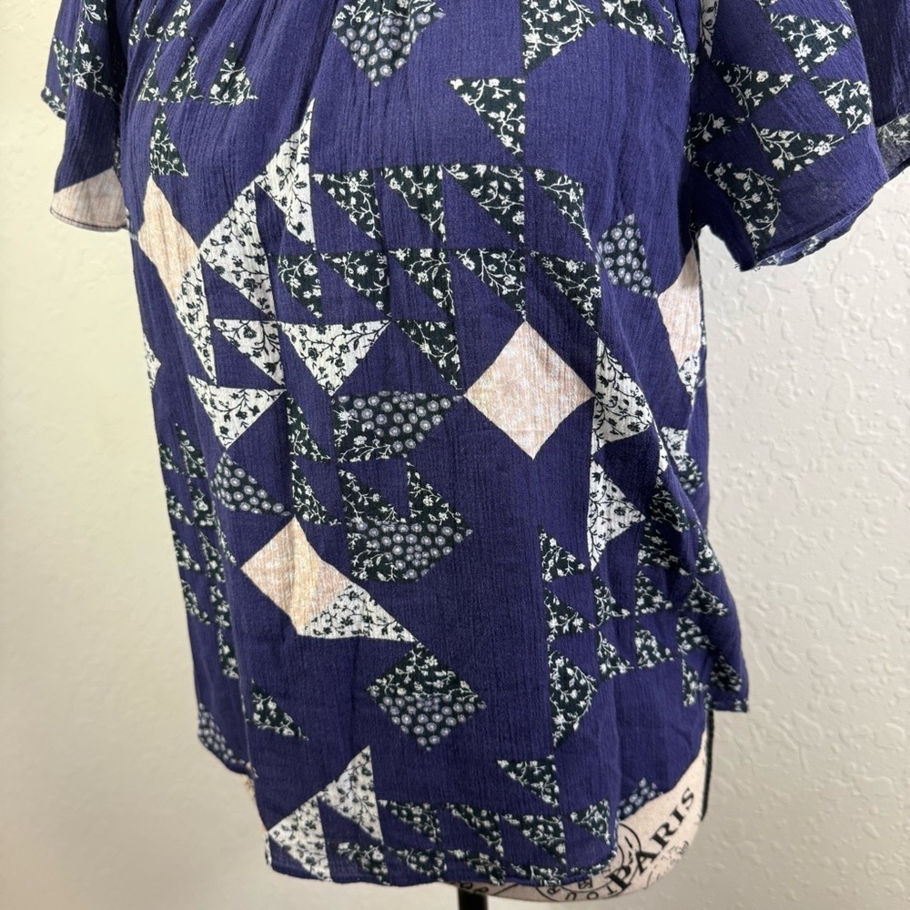 Madewell blouse smocked mock neck XS patchwork boho casual Navy Geometric‎ Top - Picture 4 of 10